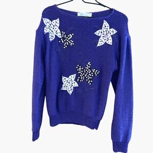 Nannell VTG Purple Sweater Sz Lg Hand Knit Appliqué Stars Sequin
